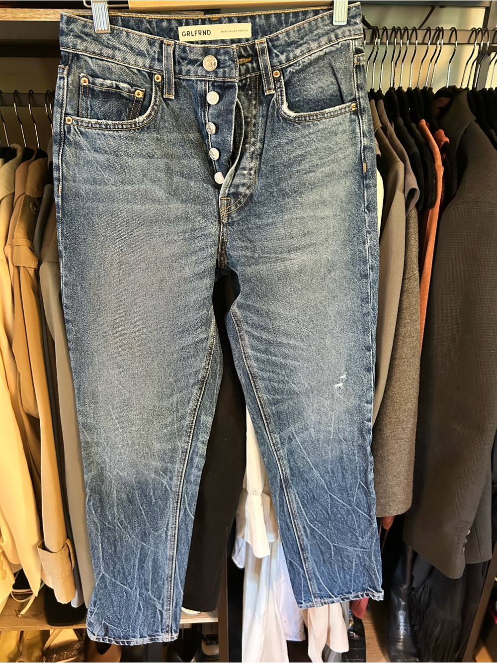 GRLFRND Faded Blue Button-Fly Slim Straight Jeans